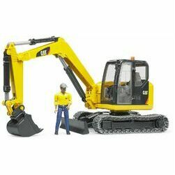 Rotaļlieta CAT ekskavators ar kāpurķēdēm un cilvēks